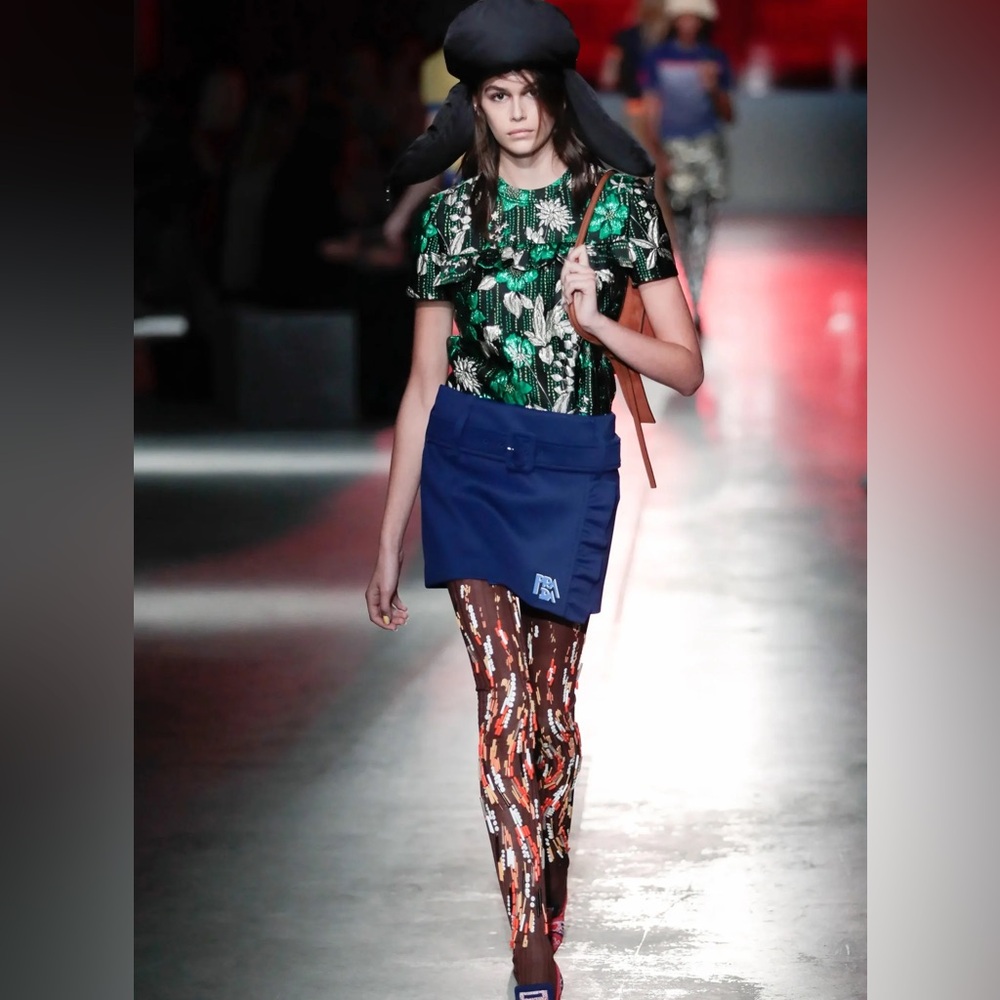 Prada Blue Mini Skirt with Green Floral Top Styling